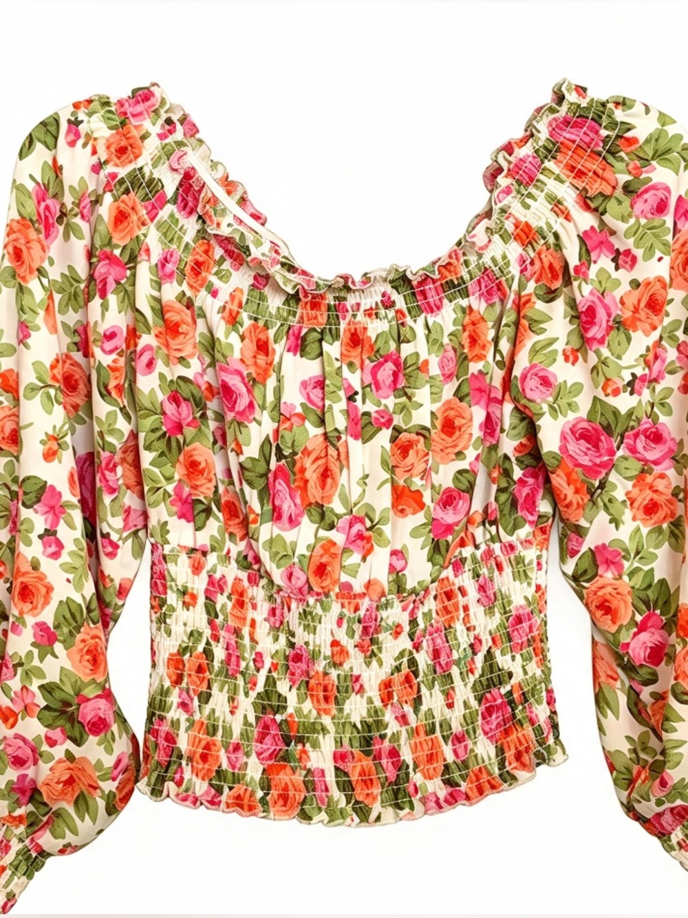 REVAMPED Floral Smocked Bodice Puff Long Sleeve Cropped Blouse Top S